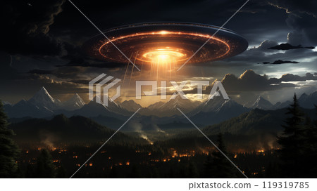 In the vast expanse of the sky an NLO appears, floating with an unnatural stillness. The NLO's presence evokes a sense of mystery, as it hovers, almost defying the laws of nature. 119319785