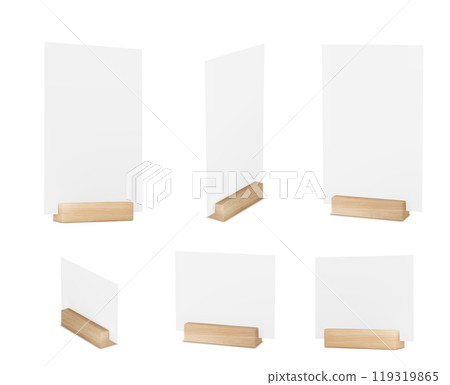 Mockup of menu card in wooden table holder Mockup of menu card in wooden table holder 119319865