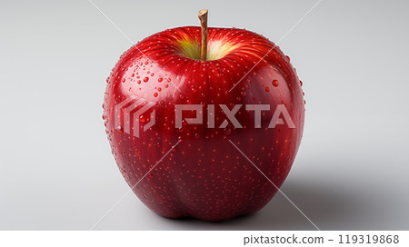 One apple cut in the middle reveals its crisp, juicy interior on white background. This apple's vibrant colors and textures stand out, making the apple a visually appealing and fresh fruit. 119319868