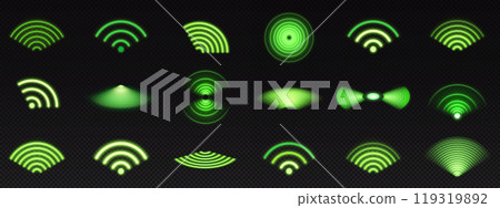 Realistic set of green radio wave signal signs Realistic set of green radio wave signal signs 119319892