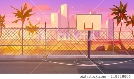 Sunset street basketball court, cityscape skyline 119319905