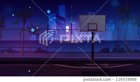 Night street basketball court and neon cityscape 119319906