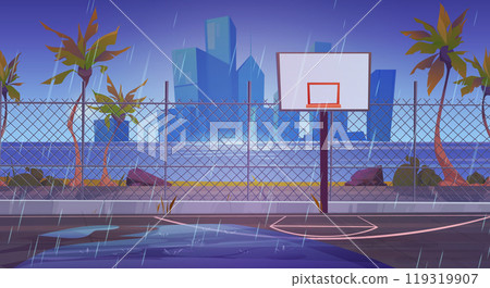 Rainy street basketball court, cityscape skyline 119319907