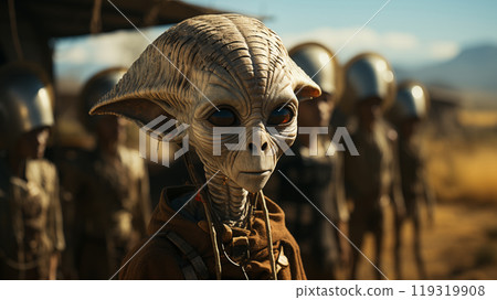 In a quiet, strange landscape aliens are standing together, their forms silhouetted against an otherworldly backdrop. These aliens bring a sense of awe and intrigue to the scene. 119319908