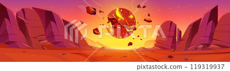 Asteroid explosion in mars desert planet landscape 119319937