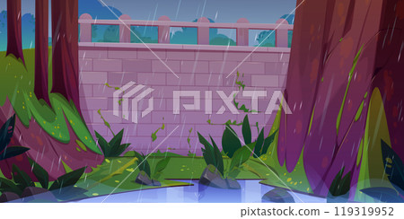 Brick wall and green ivy plant on stone background 119319952