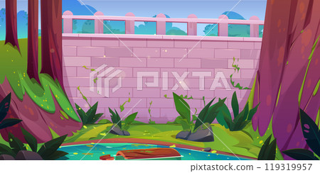 Mountain valley lake under stone bridge balustrade Mountain valley lake under stone bridge balustrade 119319957