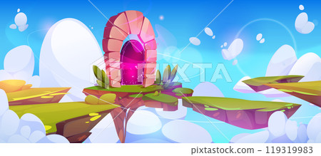 Game pink magic portal on floating island in sky 119319983