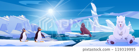 Bear on iceberg near penguin and seal landscape 119319995