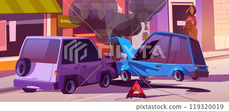 Scared woman looking at car accident Scared woman looking at car accident 119320019
