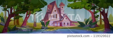 Scene of forest with village house in rain Scene of forest with village house in rain 119320022