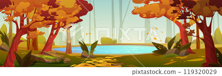 Lake in autumn forest park vector landscape design 119320029