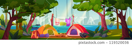 Outdoor camp with tent in forest near river vector 119320036