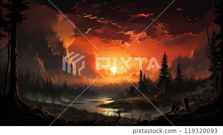 Smoke billows into the sky as forest fires spread rapidly engulfing vast areas of trees. The forest fires demonstrate the power and danger of uncontrolled blazes, threatening wildlife and habitats. 119320093