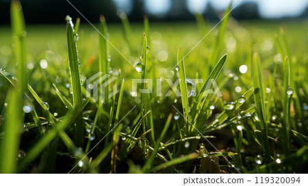 Dive into the lush, green grass with this detailed close-up Each blade of green grass is captured beautifully, creating a serene and vibrant image that highlights the natural elegance of green grass. 119320094