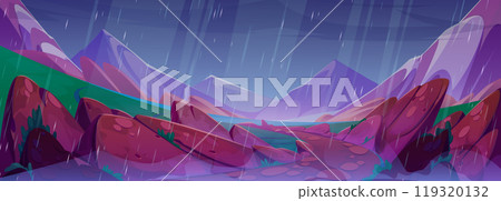 Rainy weather in mountains with valley river 119320132