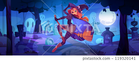 Scary graveyard background with witch on broom Scary graveyard background with witch on broom 119320141