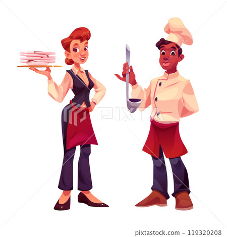 Cartoon waitress and male cook characters Cartoon waitress and male cook characters 119320208