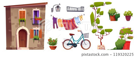Street italy set with tree, old house and bicycle Street italy set with tree, old house and bicycle 119320225