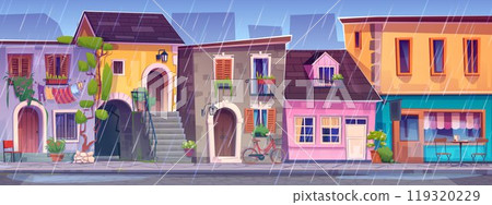 Rain on old Italian town street with cafe Rain on old Italian town street with cafe 119320229