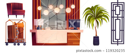 Hotel reception and lobby interior isolated set 119320235