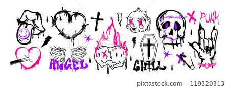 Spray paint graffiti inky pierced heart, barbed wire, angel wings, skull, coffin and punk goth stickers 119320313