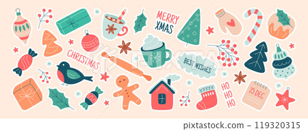 Christmas stickers, cute diary journal winter elements with quotes and holiday decoration icons 119320315