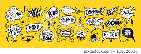 Hand drawn comic speech bubble doodle with swearwords, curses, insults, censored symbols, angry words 119320316