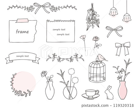 Hand-drawn cute plant and ribbon line drawing illustration set 119320318