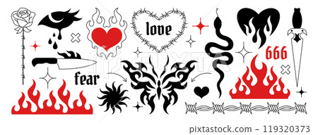 Y2k gothic tattoo stickers, neo tribal black and red ornaments in trendy emo style 119320373