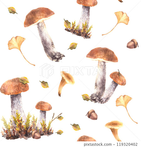 Mushrooms fall seamless pattern. Boletus orange cap with Chanterelle, moos, yellow green leaves and brown acorn. Fir branch, needles Watercolor hand drawn pattern illustration isolated from background 119320402