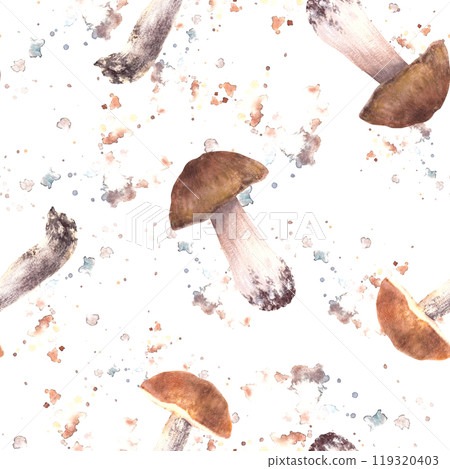 Mushrooms seamless pattern. Edible sorts of fungi on watercolor splashes stains background. Hand drawn illustration. Porcini, Boletus with red, orange and brown cap. Fall design. Isolated clipart 119320403