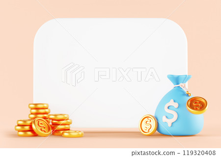 3d blank whiteboard with money bag icon on beige background render. Banking and finance banner frame, business concept. White card and blue sack with dollar sign and gold coin stack. 3D illustration 3d blank whiteboard with money bag icon on beige background render. Banking and finance banner frame, business concept. White card and blue sack with dollar sign and gold coin stack. 3D illustration 119320408