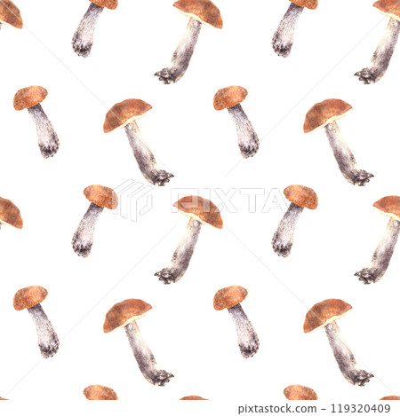 Forest Boletus with red, orange cap seamless pattern. Watercolor mushrooms hand drawn illustration. Wild edible fungi. Fall design for fabric, food product label Clipart on isolated white background Forest Boletus with red, orange cap seamless pattern. Watercolor mushrooms hand drawn illustration. Wild edible fungi. Fall design for fabric, food product label Clipart on isolated white background 119320409