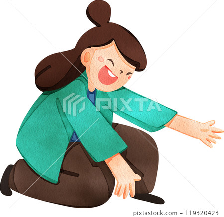 Happy woman sitting hand gesture wait to play with something, hand-drawn watercolor illustration Happy woman sitting hand gesture wait to play with something, hand-drawn watercolor illustration 119320423