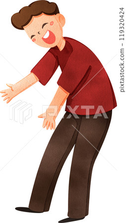 A happy man leans down to pick something up, hand-drawn watercolor illustration. A happy man leans down to pick something up, hand-drawn watercolor illustration. 119320424