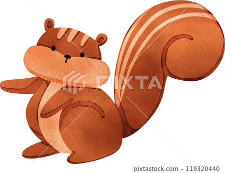 A playful squirrel is standing with its right arm raised, waiting for food, hand-drawn watercolor illustration A playful squirrel is standing with its right arm raised, waiting for food, hand-drawn watercolor illustration 119320440