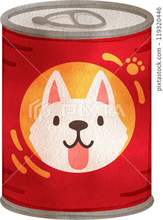 Wet food in the can for dog animal, hand-drawn, watercolor, illustration 119320446