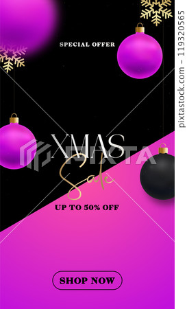 Bright Xmas sale banner with purple backdrop and ornaments Bright Xmas sale banner with purple backdrop and ornaments 119320565