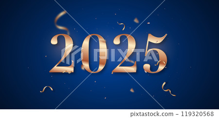 Rose gold 2025 celebration on blue background with confetti Rose gold 2025 celebration on blue background with confetti 119320568