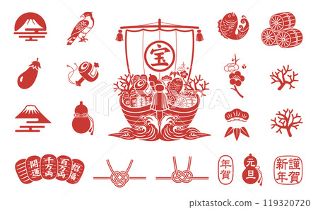 New Year's icon set Treasure ship New Year's card material collection Illustration 119320720