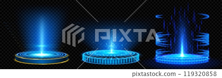 Digital portals on circle podiums with hologram 119320858