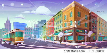 Winter city street with retro tram Winter city street with retro tram 119320891