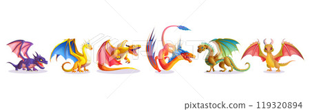 Cartoon set of fantasy dragons on white background Cartoon set of fantasy dragons on white background 119320894