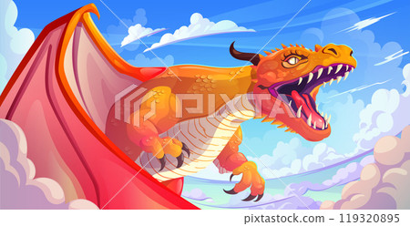 Magic fantasy dragon flying in sky cartoon vector Magic fantasy dragon flying in sky cartoon vector 119320895