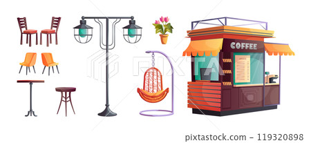 Outdoor city street cafe table cartoon vector set Outdoor city street cafe table cartoon vector set 119320898