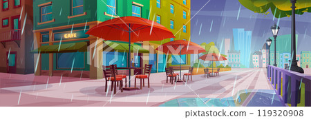 Outdoor city cafe exterior with rain in summer Outdoor city cafe exterior with rain in summer 119320908