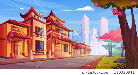 Chinese street with restaurant building in town Chinese street with restaurant building in town 119320911