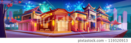 Celebration on night chinese street in town vector Celebration on night chinese street in town vector 119320913
