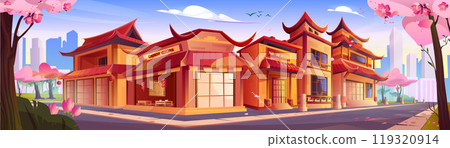 Chinese restaurant building on town street cartoon 119320914